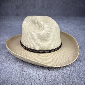 SunBody Hats Womens Straw Woven Leather Strap Detail Fedora Hat Beige
